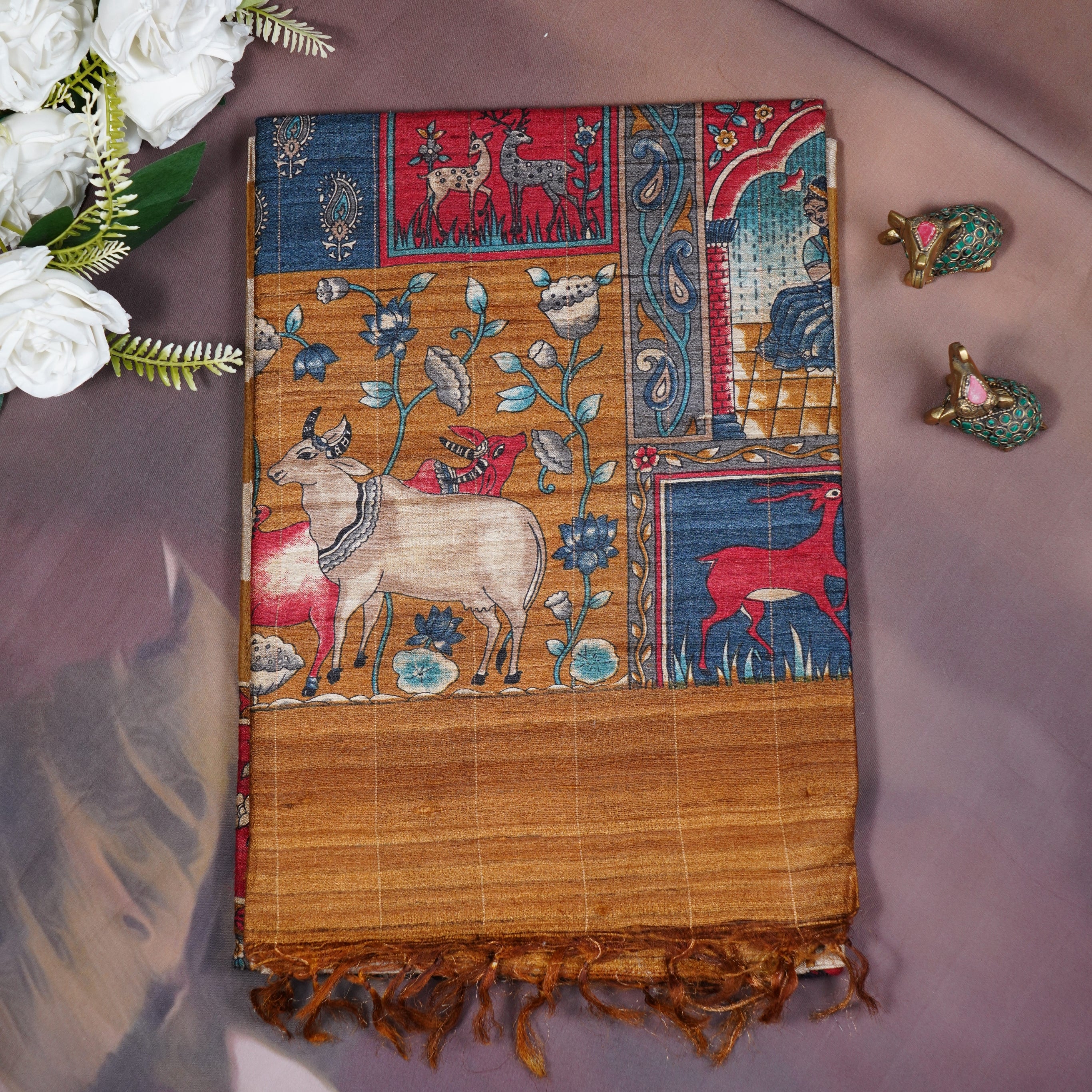 Pure handloom kora tussar saree with kalamkari pallu & Blouse Beautiful zari chesks body