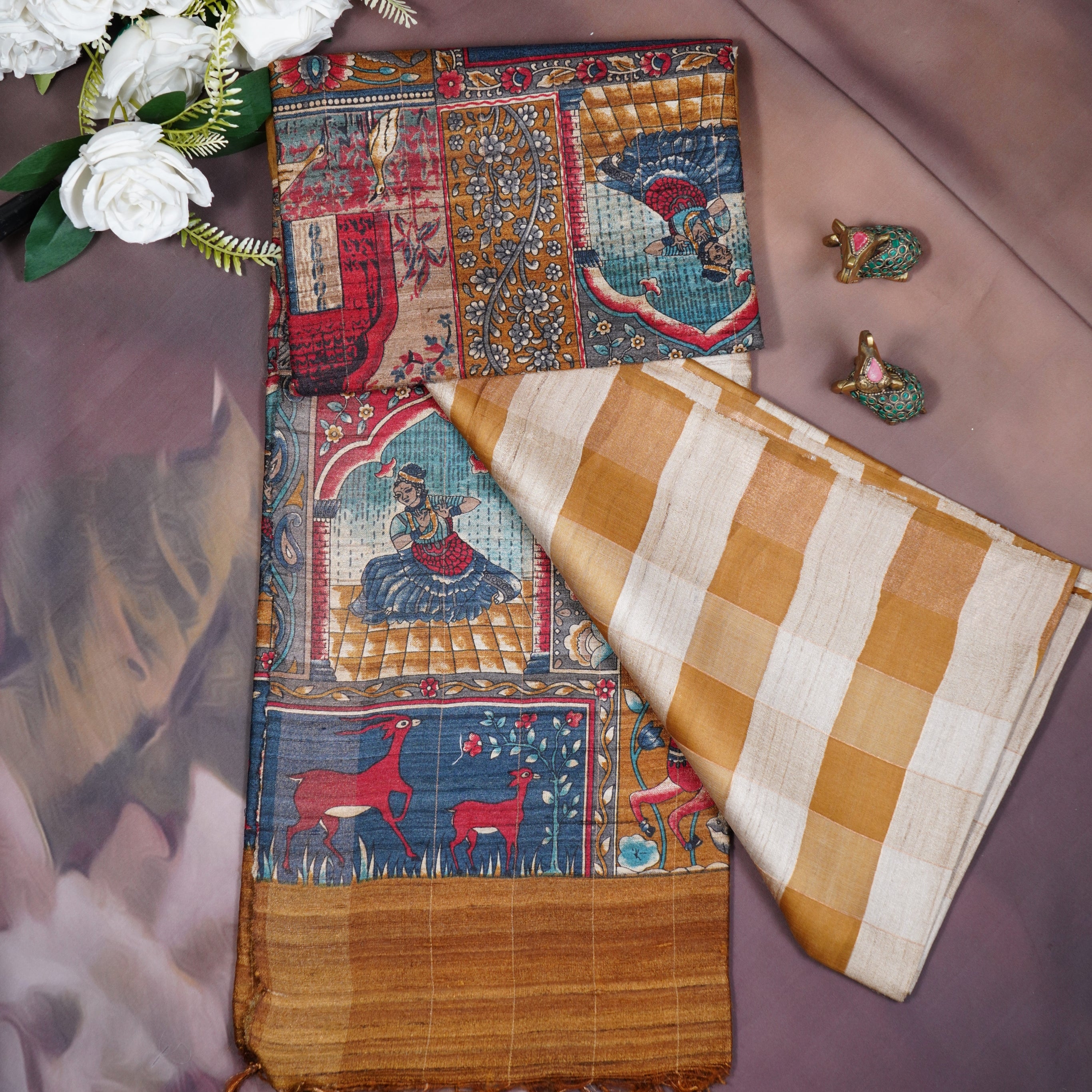 Pure handloom kora tussar saree with kalamkari pallu & Blouse Beautiful zari chesks body