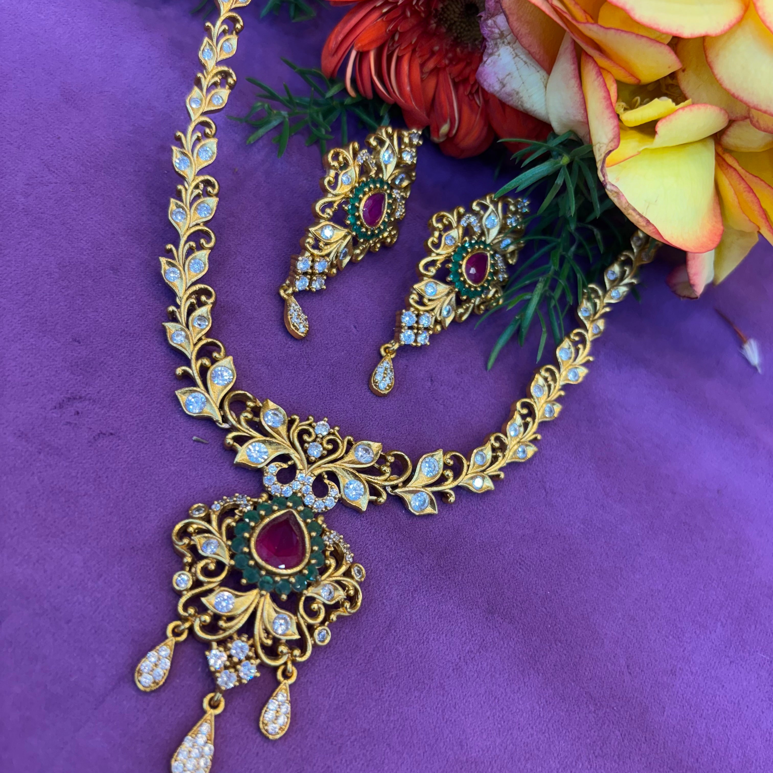 Neck set with earrings multy colour stone