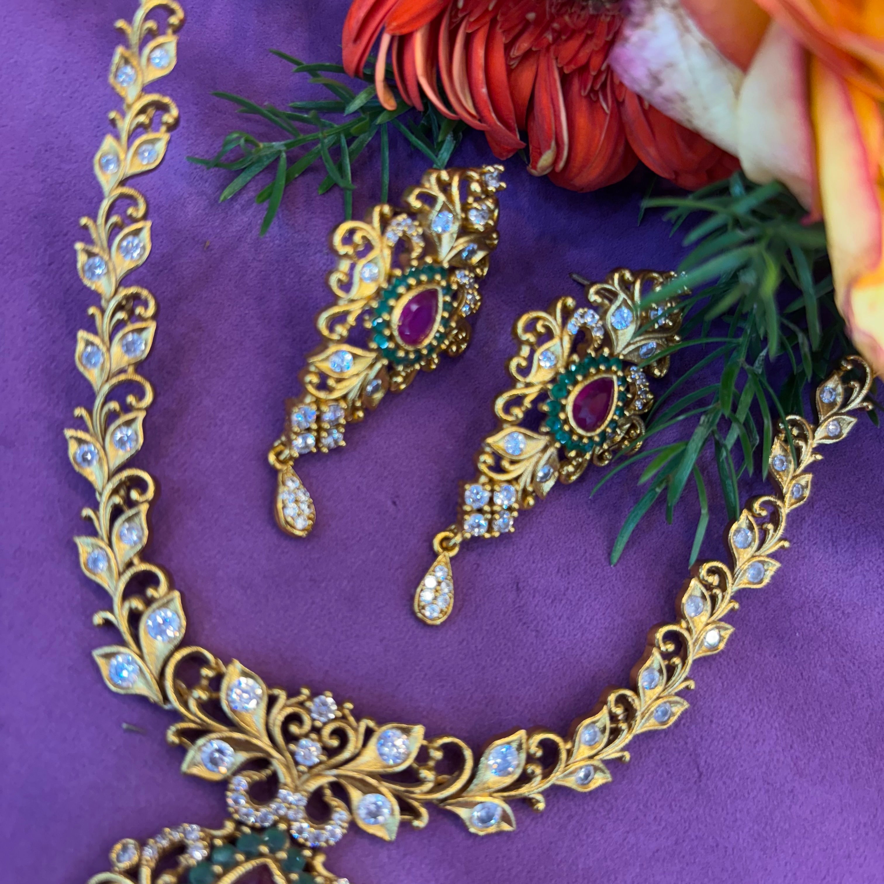Neck set with earrings multy colour stone